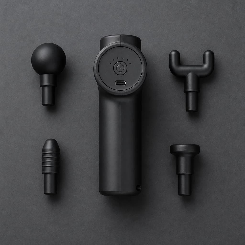 Massage Gun — All 4 Heads Flat Lay